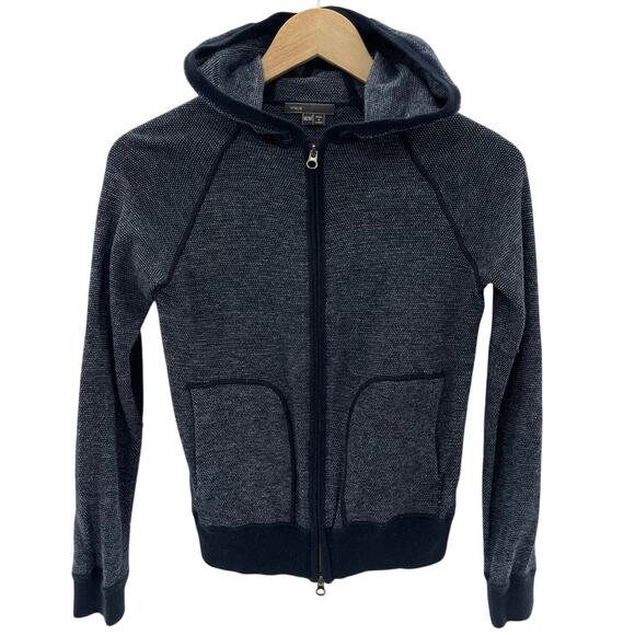 Vince Tops - Vince Full Zip Cotton Blend Navy Hooded Sweatshirt Elbow Patches Size Medium